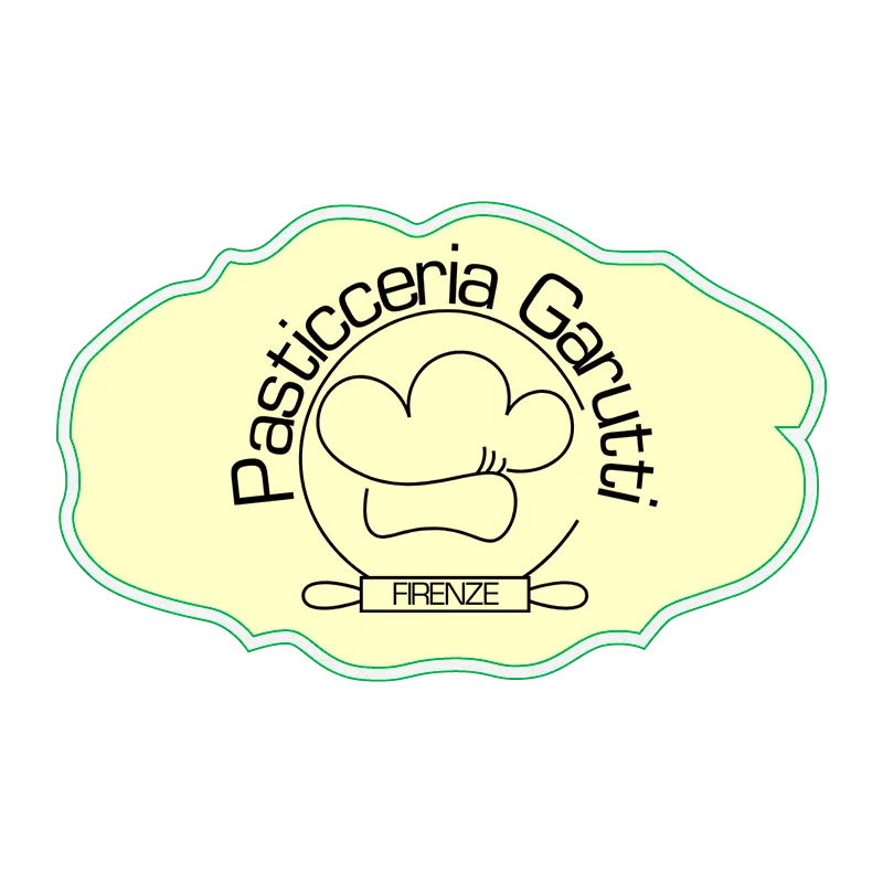Etichetta ovale gialla con bordo verde e logo della Pasticceria Garutti di Firenze, raffigurante un cappello da chef stilizzato.