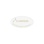 Etichetta ovale bianca con logo e scritta dorata “IL CANTUCCIO”, accompagnata da una spiga stilizzata e testo inferiore “Specialità biscotti artigianali – Via Livornese, 22 Pisa”.