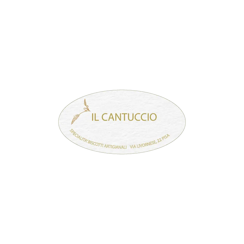 Etichetta ovale bianca con logo e scritta dorata “IL CANTUCCIO”, accompagnata da una spiga stilizzata e testo inferiore “Specialità biscotti artigianali – Via Livornese, 22 Pisa”.