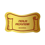 Etichetta oro a forma di papiro con testo rosso "Merlini Profumeria - Modena", design elegante per packaging o articoli regalo.
