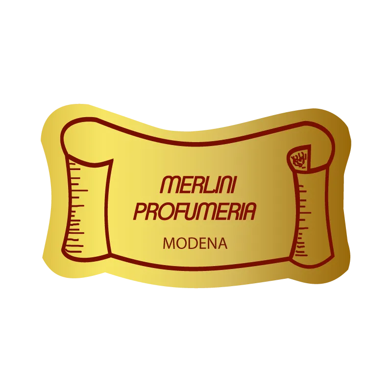 Etichetta oro a forma di papiro con testo rosso "Merlini Profumeria - Modena", design elegante per packaging o articoli regalo.