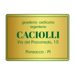 Targa dorata della gioielleria, oreficeria e argenteria Caciolli di Ponsacco, Pisa, con scritta verde e indirizzo in Via del Proconsolo 15.