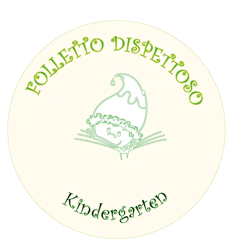 Logo rotondo “Folletto Dispettoso Kindergarten” con folletto stilizzato verde al centro e scritta in carattere decorativo verde su sfondo beige.