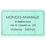 Etichetta rettangolare verde acqua con bordo nero sottile, contenente il testo “MONDO ANIMALE di Stefano Corsi, Via di Casellina 24, Volterra - Siena”.