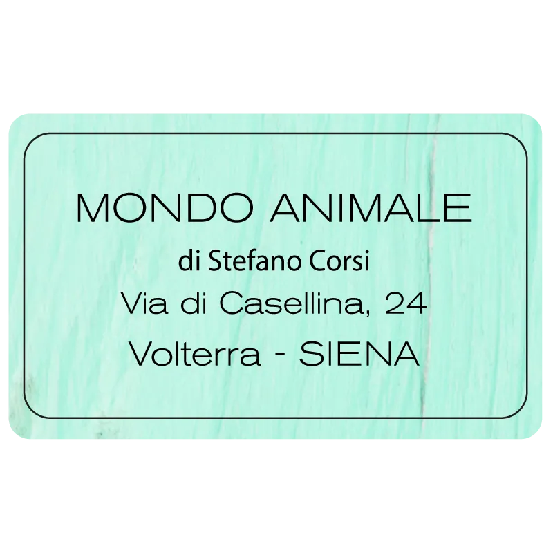 Etichetta rettangolare verde acqua con bordo nero sottile, contenente il testo “MONDO ANIMALE di Stefano Corsi, Via di Casellina 24, Volterra - Siena”.
