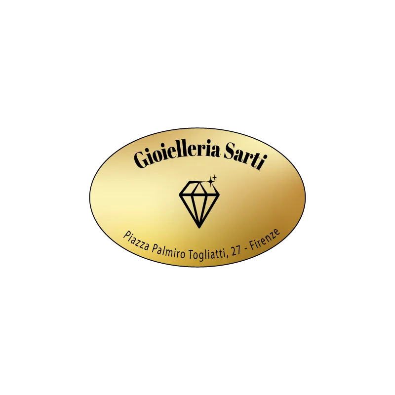 Etichetta ovale dorata della Gioielleria Sarti, con scritta nera e icona di diamante, indirizzo Piazza Palmiro Togliatti 27, Firenze.