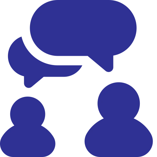 Icona blu di due persone con fumetti di dialogo, simbolo di consulenza personalizzata in un etichettificio.