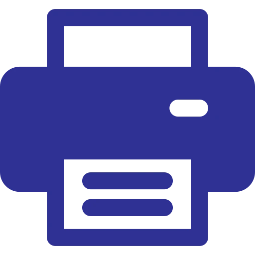 Icona blu di una stampante stilizzata, simbolo di servizi di stampa di etichette personalizzate.