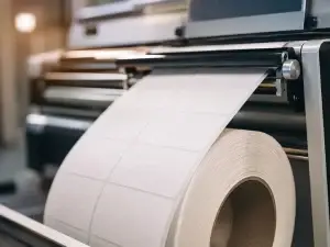 Bobina di etichette in carta adesiva durante la fase di stampa in etichettificio