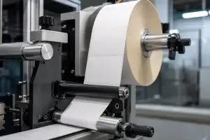 Bobina di etichette adesive montata su macchinario etichettatrice industriale